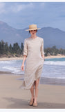 Narcissus Ornate Ramie Floral Embroidered Cheongsam Dress Stand Up Collar Qipao
