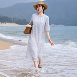 Thea Honed Ramie Cheongsam Dress Floral Embroidered Qipao
