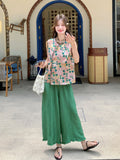 Rosalinda 2-Piece Printed Vest Wide-Leg Pants Cheongsam