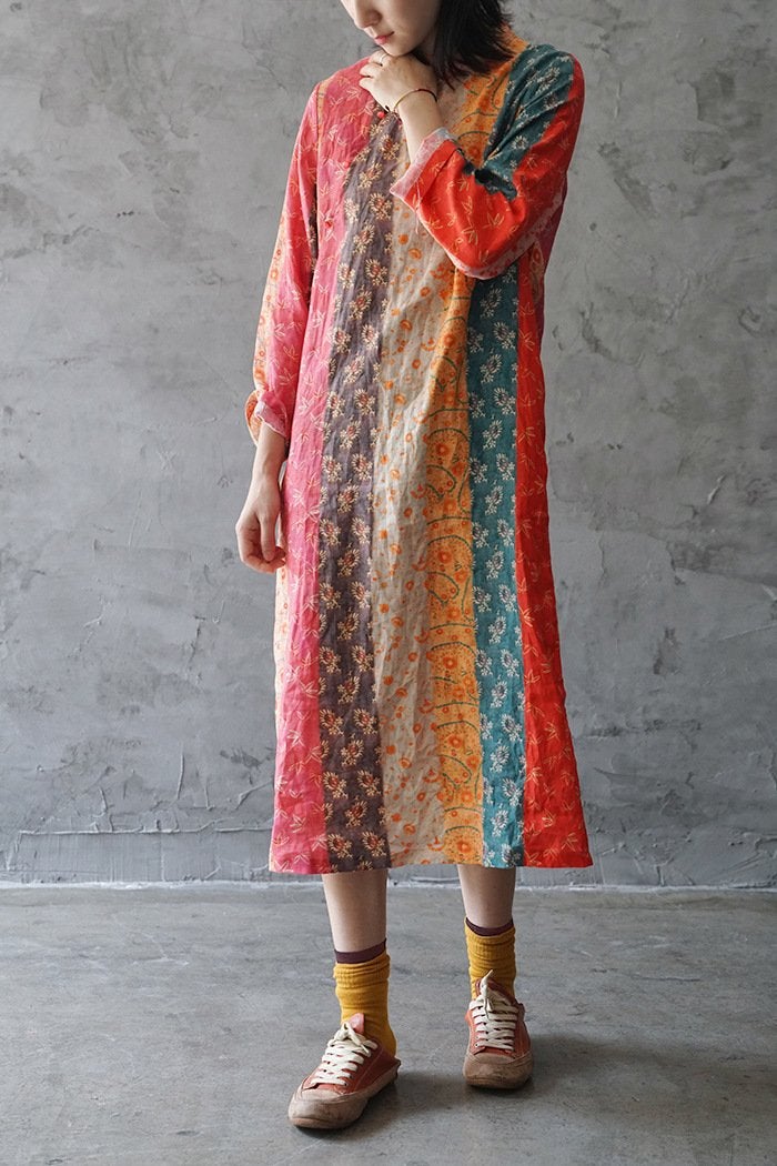 Floral Rainbow Qipao Cheongsam Dress (Long Sleeve)